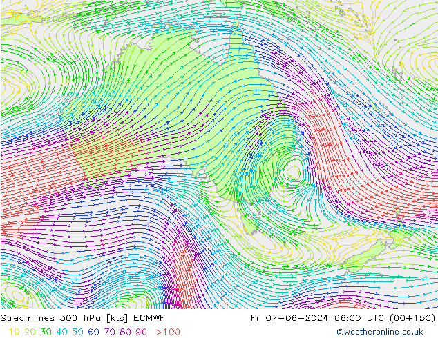 Linia prądu 300 hPa ECMWF pt. 07.06.2024 06 UTC