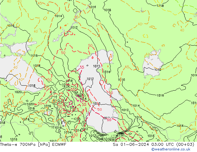 Theta-e 700hPa ECMWF sáb 01.06.2024 03 UTC