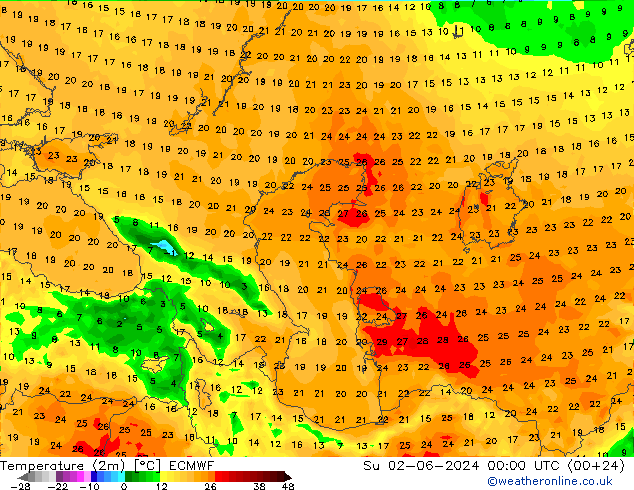 Temperature (2m) ECMWF Ne 02.06.2024 00 UTC