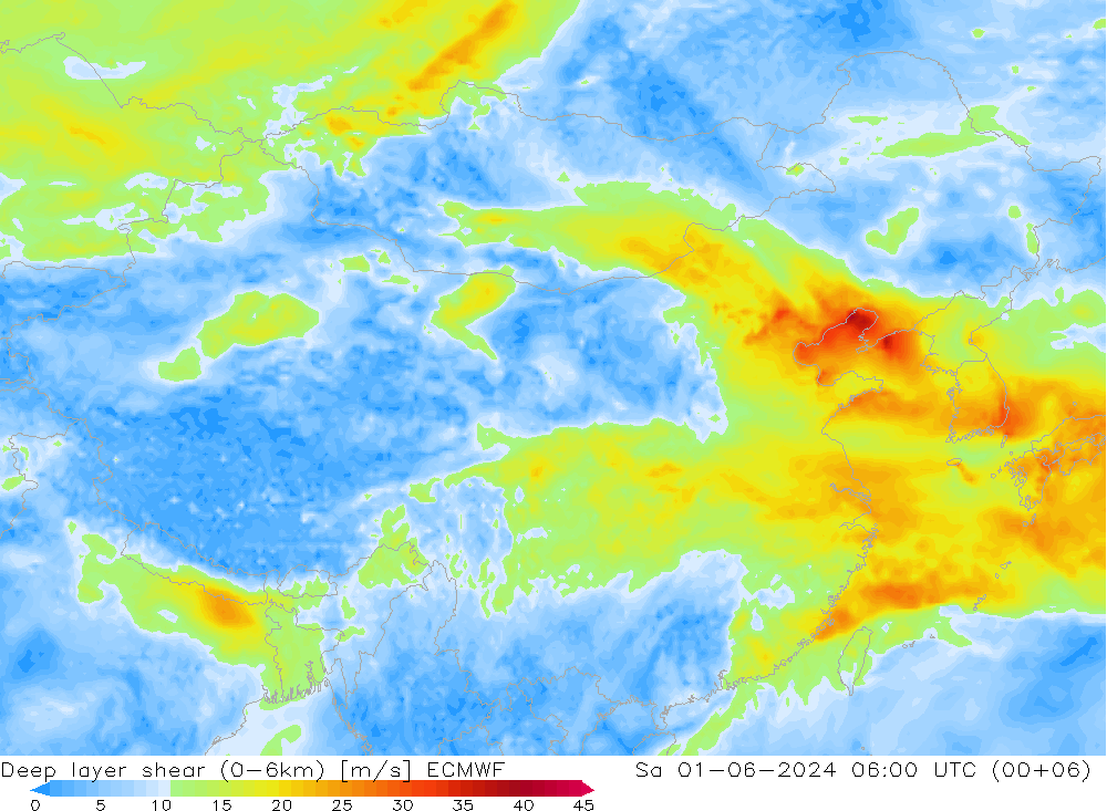 Deep layer shear (0-6km) ECMWF Sa 01.06.2024 06 UTC