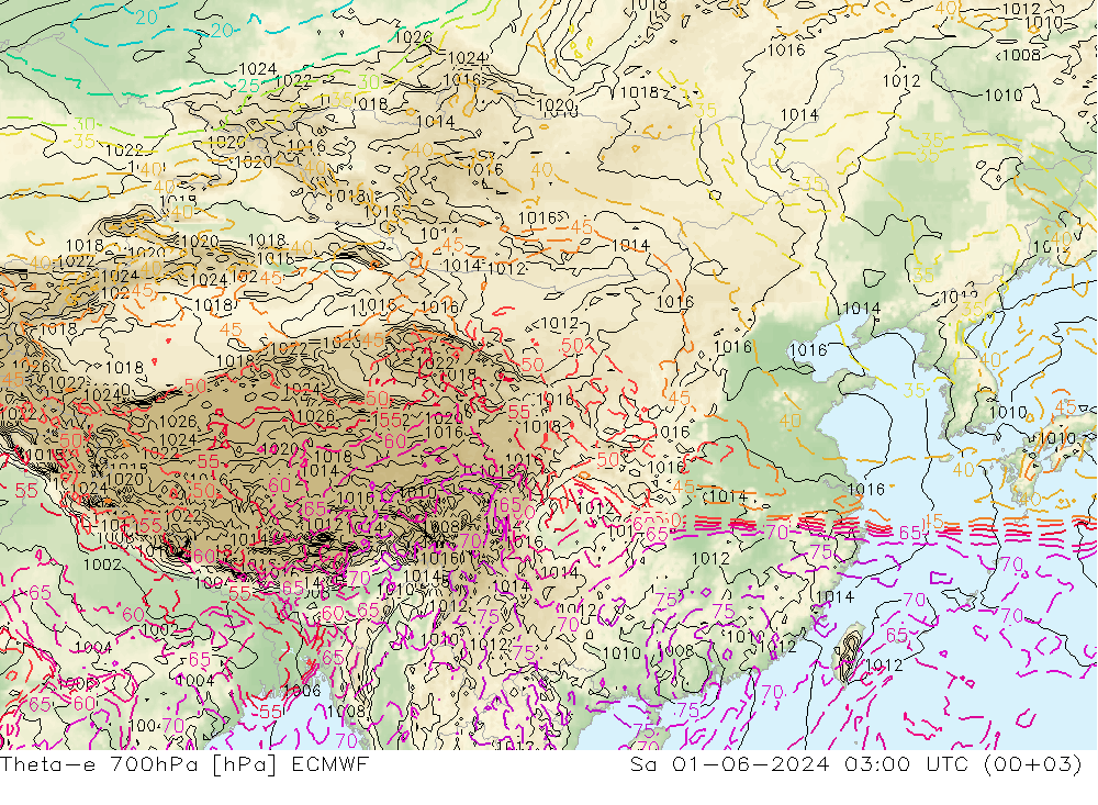 Theta-e 700гПа ECMWF сб 01.06.2024 03 UTC