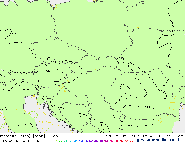 Izotacha (mph) ECMWF so. 08.06.2024 18 UTC