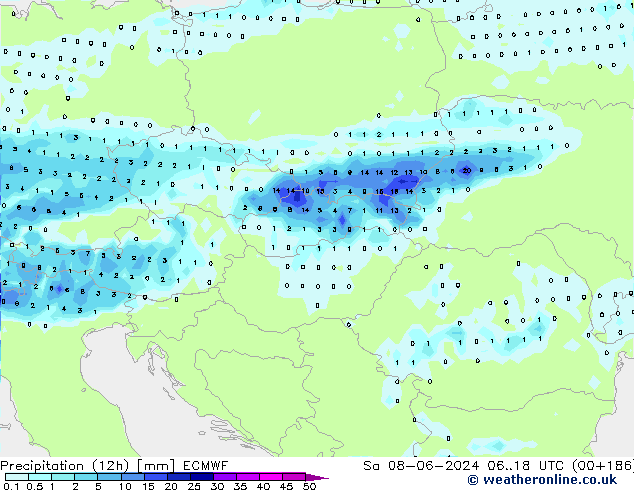 Precipitación (12h) ECMWF sáb 08.06.2024 18 UTC