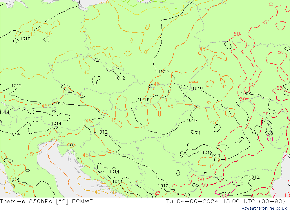 Theta-e 850hPa ECMWF Út 04.06.2024 18 UTC