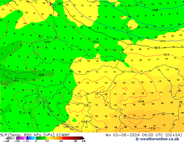 SLP/Temp. 850 hPa ECMWF Mo 03.06.2024 06 UTC