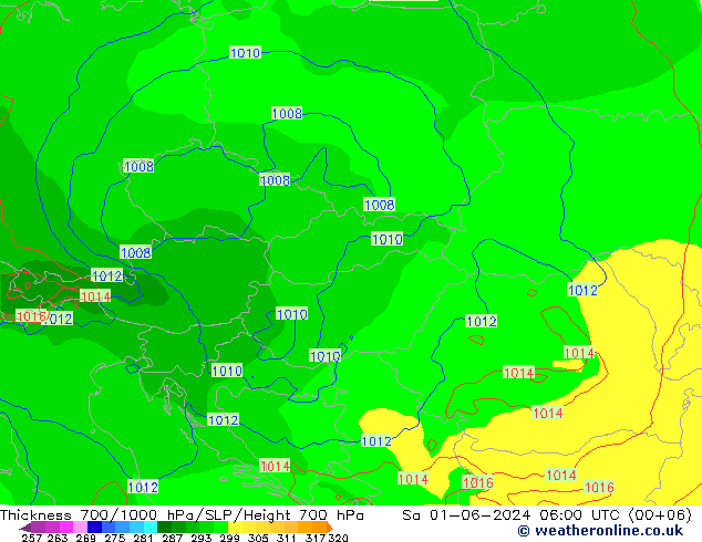 Thck 700-1000 гПа ECMWF сб 01.06.2024 06 UTC