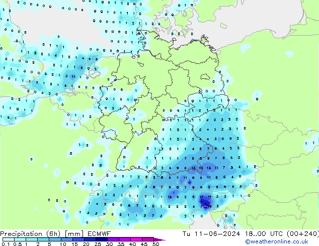 Totale neerslag (6h) ECMWF di 11.06.2024 00 UTC