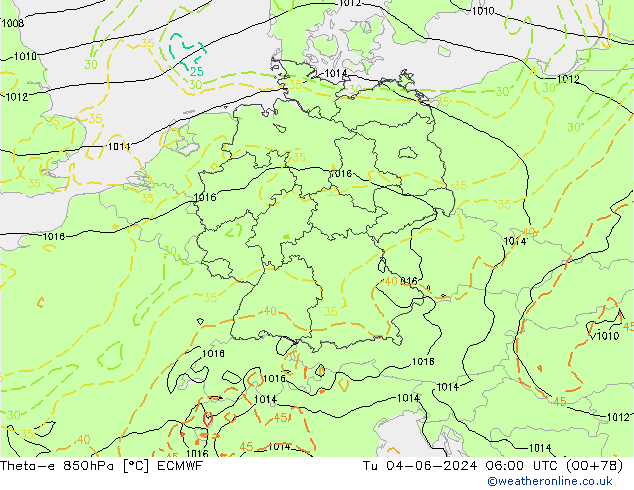 Theta-e 850hPa ECMWF Tu 04.06.2024 06 UTC