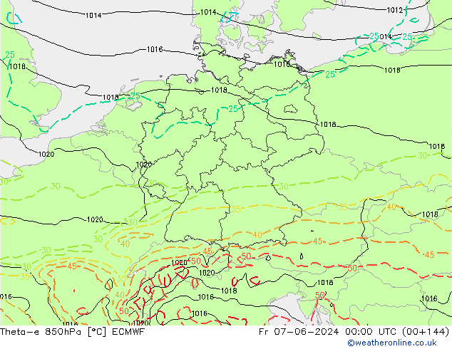 Theta-e 850hPa ECMWF ven 07.06.2024 00 UTC