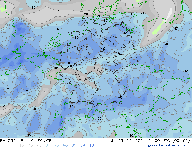 RH 850 hPa ECMWF lun 03.06.2024 21 UTC