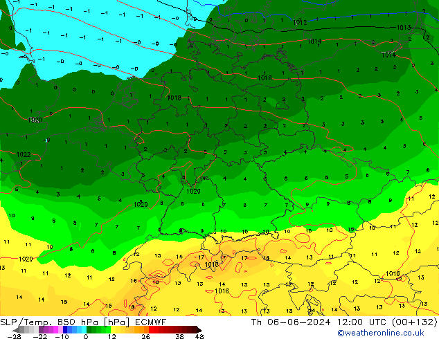 SLP/Temp. 850 hPa ECMWF Qui 06.06.2024 12 UTC