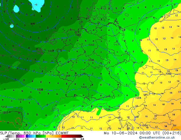 SLP/Temp. 850 hPa ECMWF pon. 10.06.2024 00 UTC