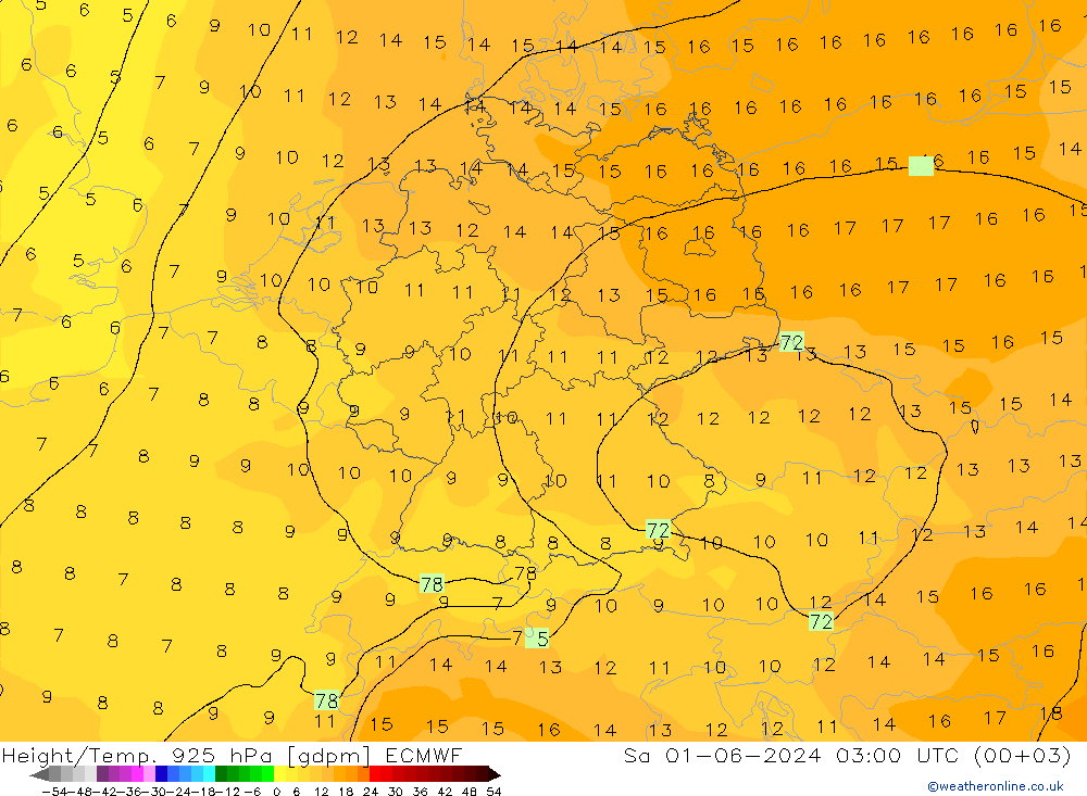 Height/Temp. 925 hPa ECMWF 星期六 01.06.2024 03 UTC