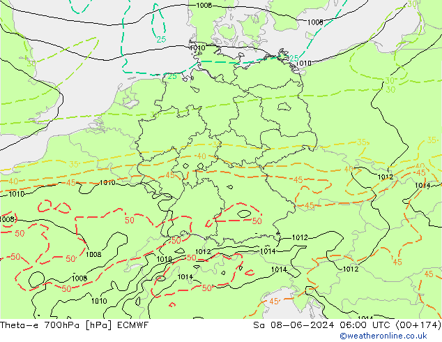 Theta-e 700hPa ECMWF Sa 08.06.2024 06 UTC