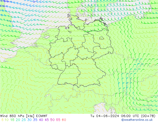 Wind 850 hPa ECMWF Tu 04.06.2024 06 UTC