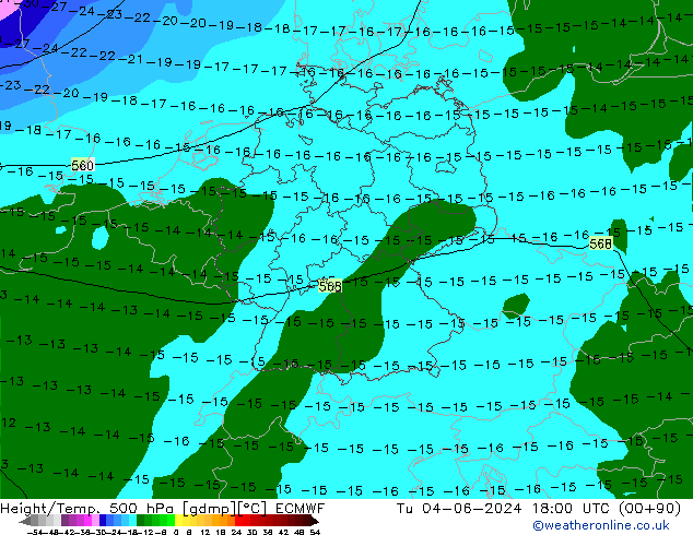 Height/Temp. 500 hPa ECMWF wto. 04.06.2024 18 UTC