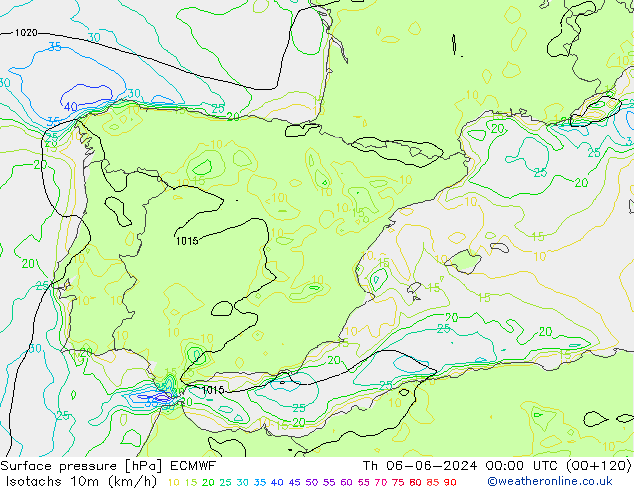 Isotachen (km/h) ECMWF Do 06.06.2024 00 UTC