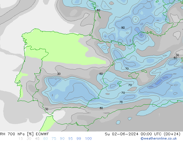 RH 700 гПа ECMWF Вс 02.06.2024 00 UTC