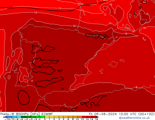 Theta-W 850hPa ECMWF Čt 06.06.2024 12 UTC