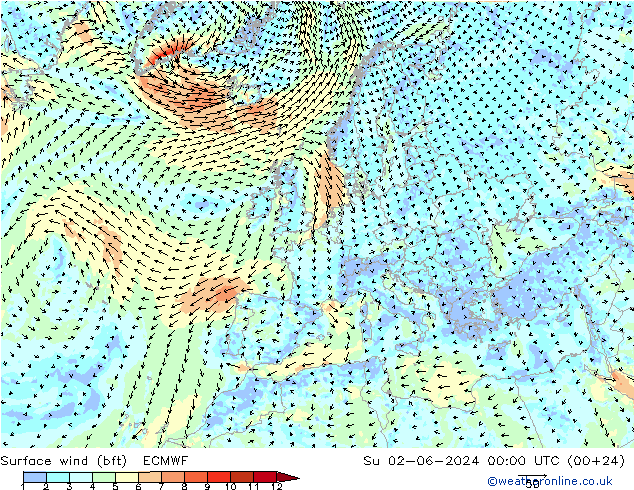 Rüzgar 10 m (bft) ECMWF Paz 02.06.2024 00 UTC