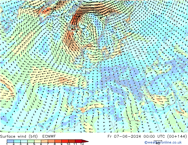 Surface wind (bft) ECMWF Fr 07.06.2024 00 UTC