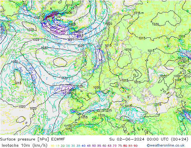 Isotaca (kph) ECMWF dom 02.06.2024 00 UTC