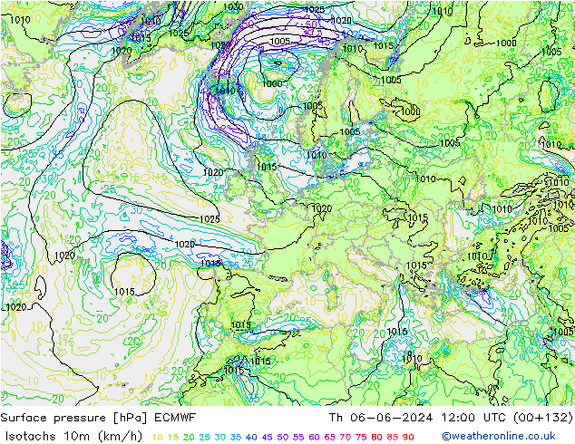 Isotachs (kph) ECMWF gio 06.06.2024 12 UTC