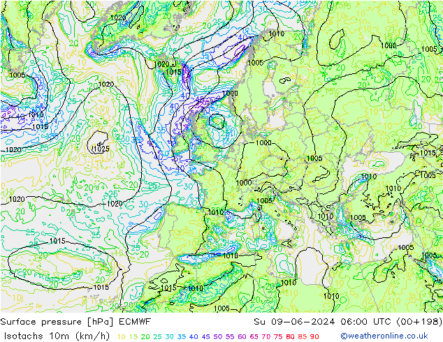 Isotachs (kph) ECMWF Su 09.06.2024 06 UTC