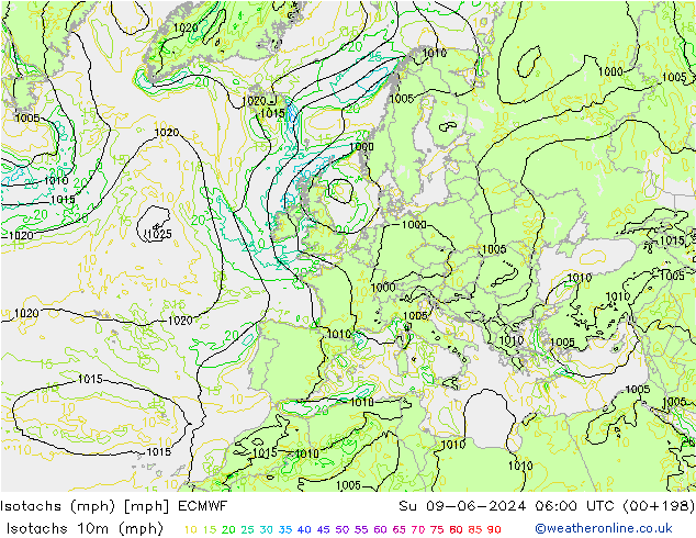 Isotachen (mph) ECMWF zo 09.06.2024 06 UTC