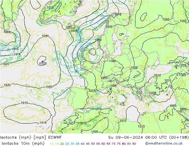 Eşrüzgar Hızları mph ECMWF Paz 09.06.2024 06 UTC