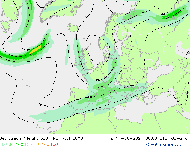 Jet stream/Height 300 hPa ECMWF Tu 11.06.2024 00 UTC