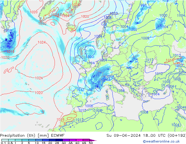 Z500/Rain (+SLP)/Z850 ECMWF Вс 09.06.2024 00 UTC