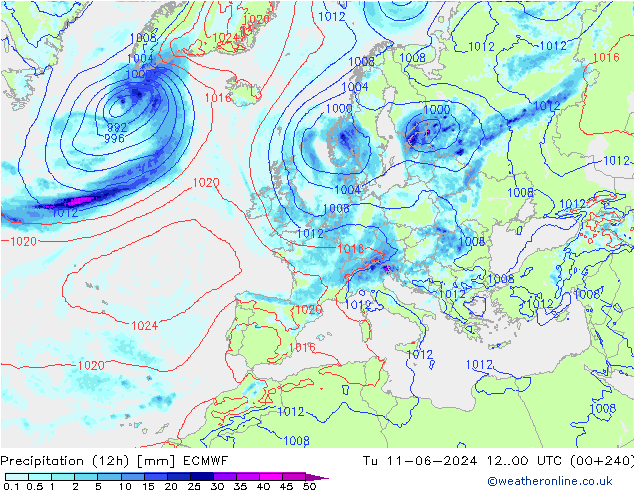 Precipitation (12h) ECMWF Tu 11.06.2024 00 UTC