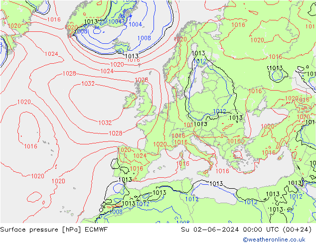 Presión superficial ECMWF dom 02.06.2024 00 UTC