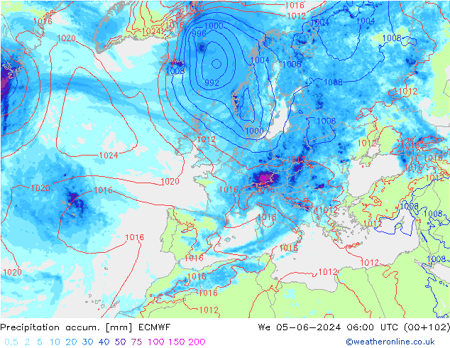 Precipitation accum. ECMWF Qua 05.06.2024 06 UTC