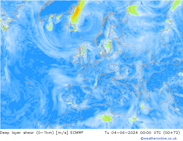 Deep layer shear (0-1km) ECMWF mar 04.06.2024 00 UTC