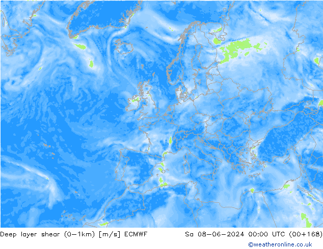 Deep layer shear (0-1km) ECMWF So 08.06.2024 00 UTC