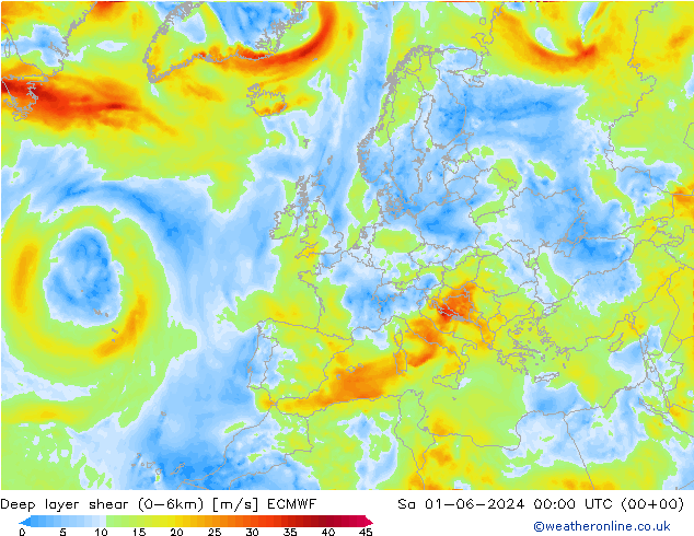 Deep layer shear (0-6km) ECMWF  01.06.2024 00 UTC