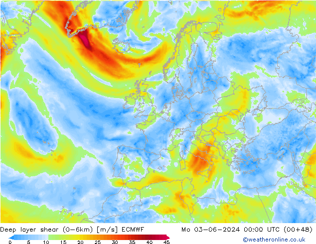 Deep layer shear (0-6km) ECMWF Po 03.06.2024 00 UTC