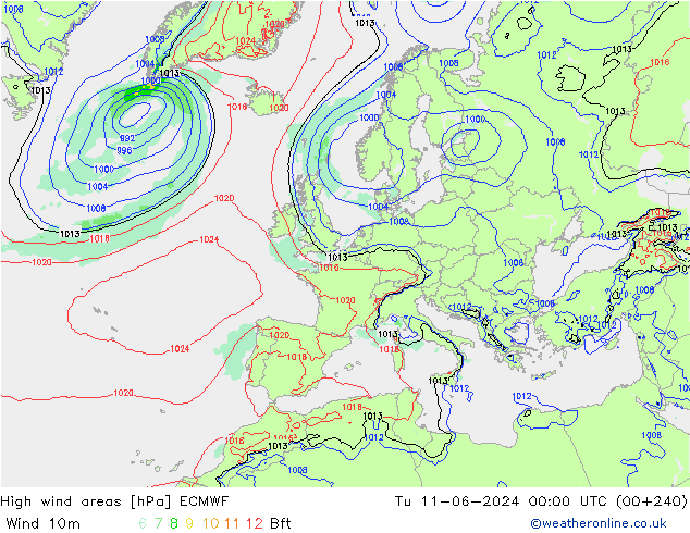 High wind areas ECMWF вт 11.06.2024 00 UTC