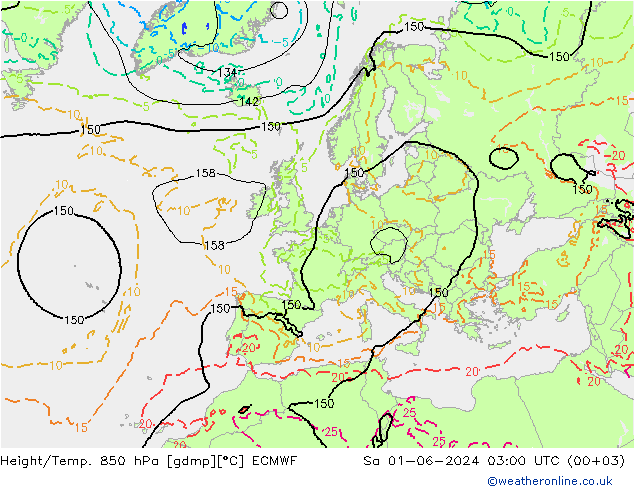 Geop./Temp. 850 hPa ECMWF sáb 01.06.2024 03 UTC