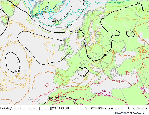 Height/Temp. 850 hPa ECMWF Su 02.06.2024 06 UTC