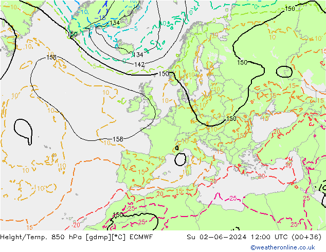 Height/Temp. 850 hPa ECMWF So 02.06.2024 12 UTC