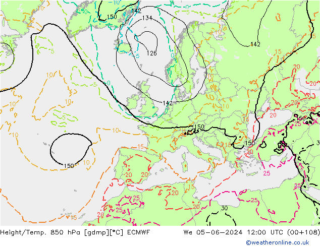 Geop./Temp. 850 hPa ECMWF mié 05.06.2024 12 UTC