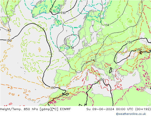 Z500/Rain (+SLP)/Z850 ECMWF Вс 09.06.2024 00 UTC