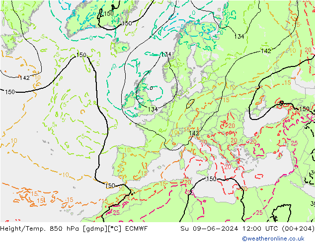Height/Temp. 850 hPa ECMWF So 09.06.2024 12 UTC