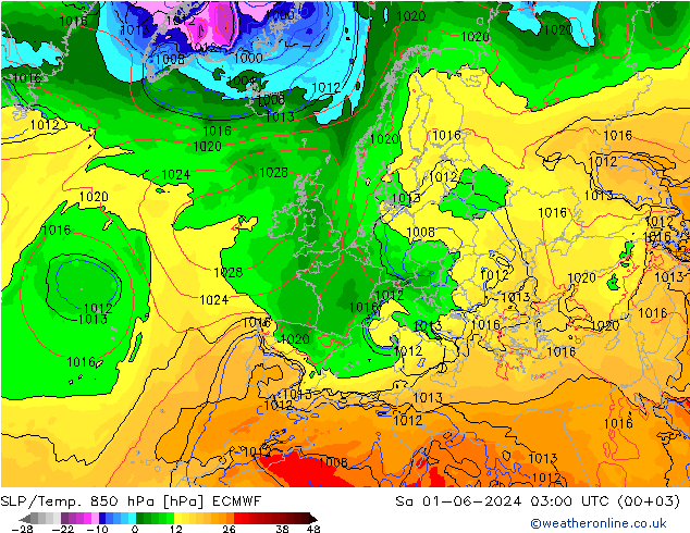 SLP/Temp. 850 гПа ECMWF сб 01.06.2024 03 UTC