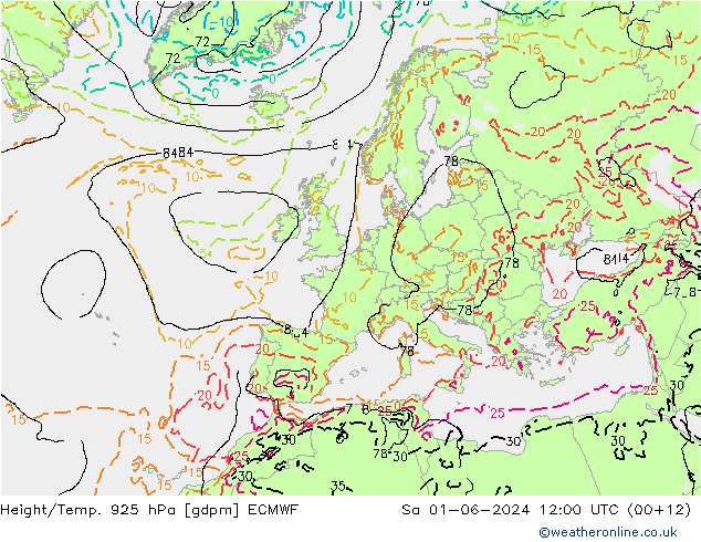 Height/Temp. 925 hPa ECMWF Sa 01.06.2024 12 UTC