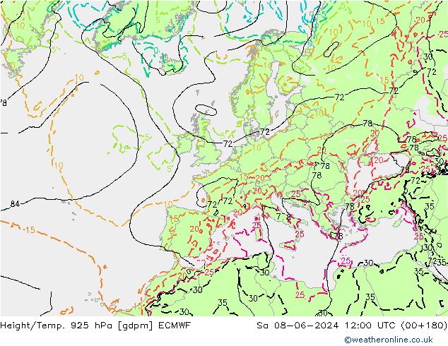 Height/Temp. 925 hPa ECMWF Sa 08.06.2024 12 UTC
