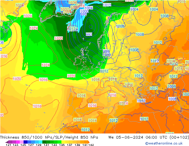 Thck 850-1000 гПа ECMWF ср 05.06.2024 06 UTC